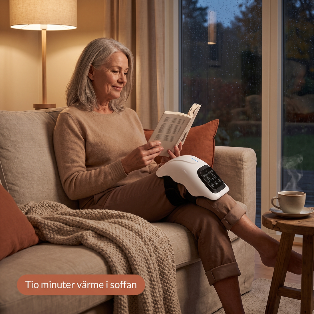 Kvinna i soffan med Värma på knät, tio minuter värme